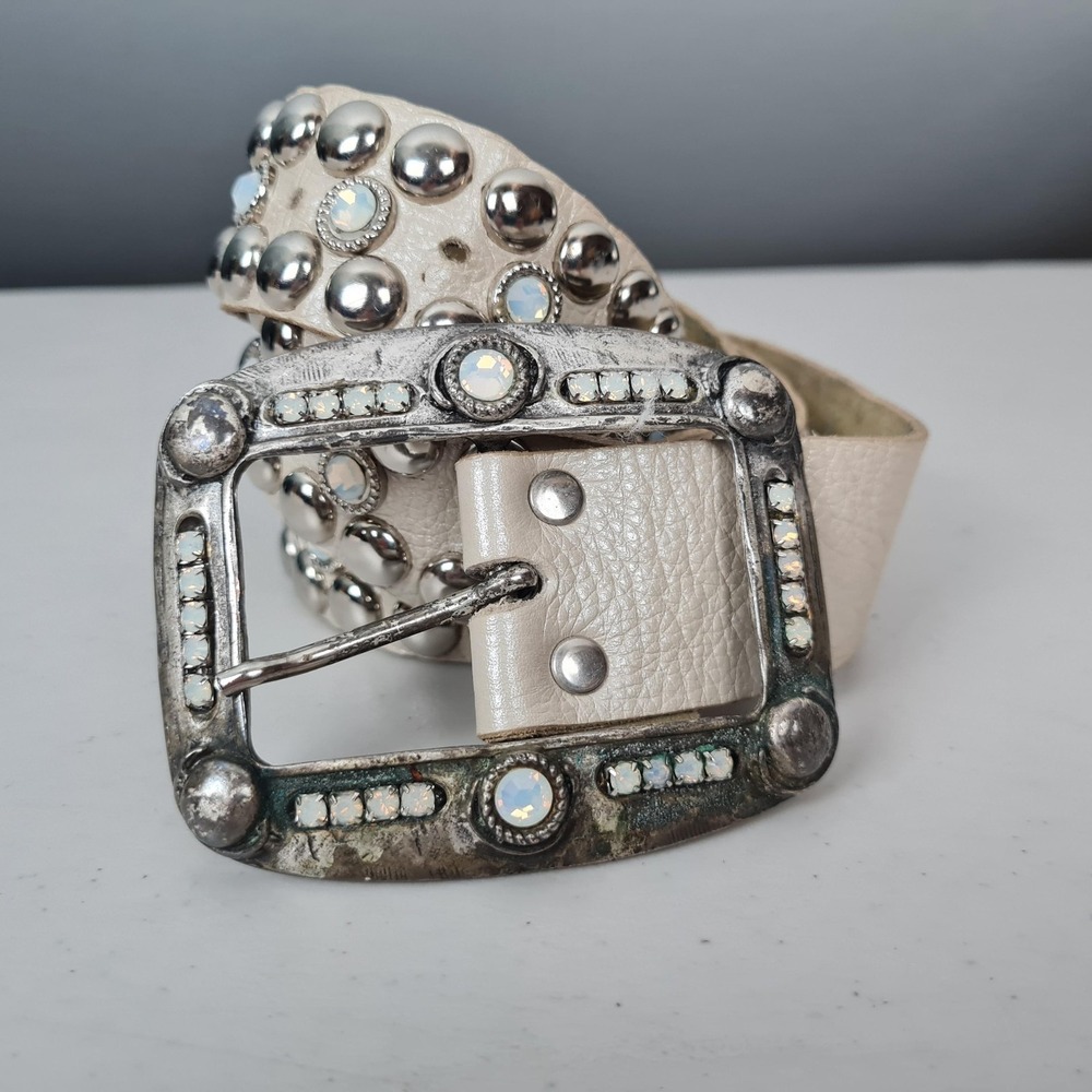 Vntg Y2K Leatherock Belt Womens Medium Studded Rhinestone Western Buckle M34